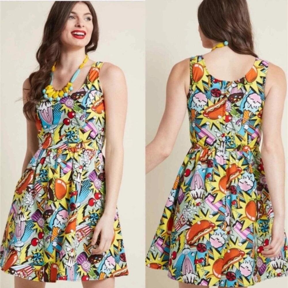 ModCloth Folter Good Enough To Eat Fit Flare Colorful Graphic Print Dress Medium
